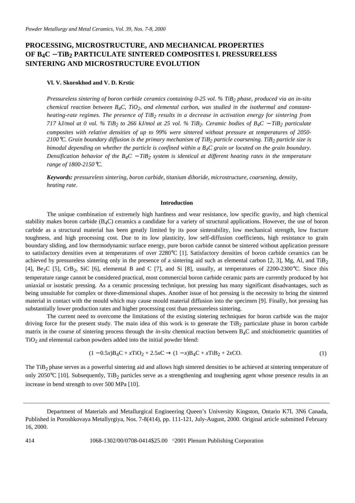 Processing, Microstructure, and Mechanical Properties of B4C &#x2015; TiB2 Particulate Sintered Composites. Part I. Pressureless Sintering and Microstructure Evolution by Unknown