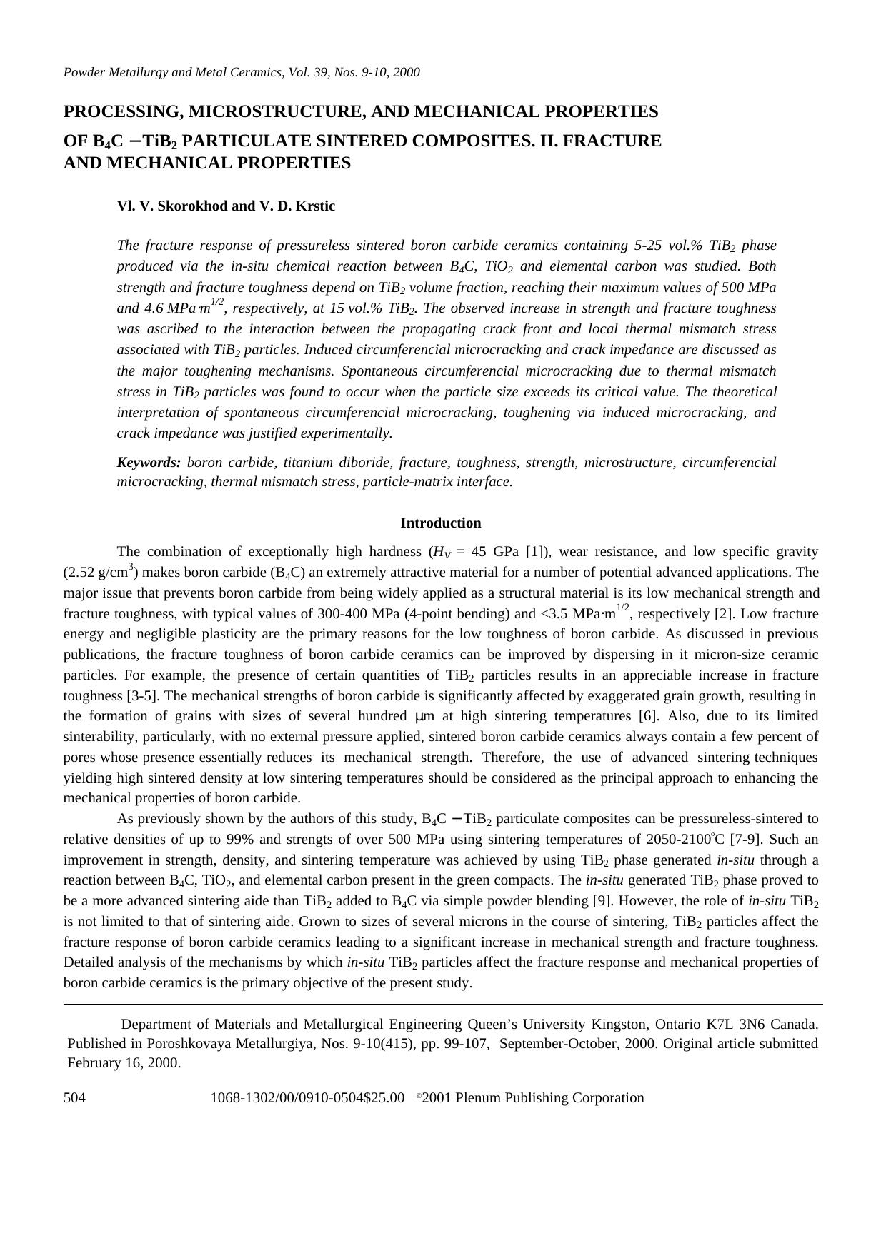 Processing, Microstructure, and Mechanical Properties of B4C &#x2015; TiB2 Particulate Sintered Composites. Part II. Fracture and Mechanical Properties by Unknown