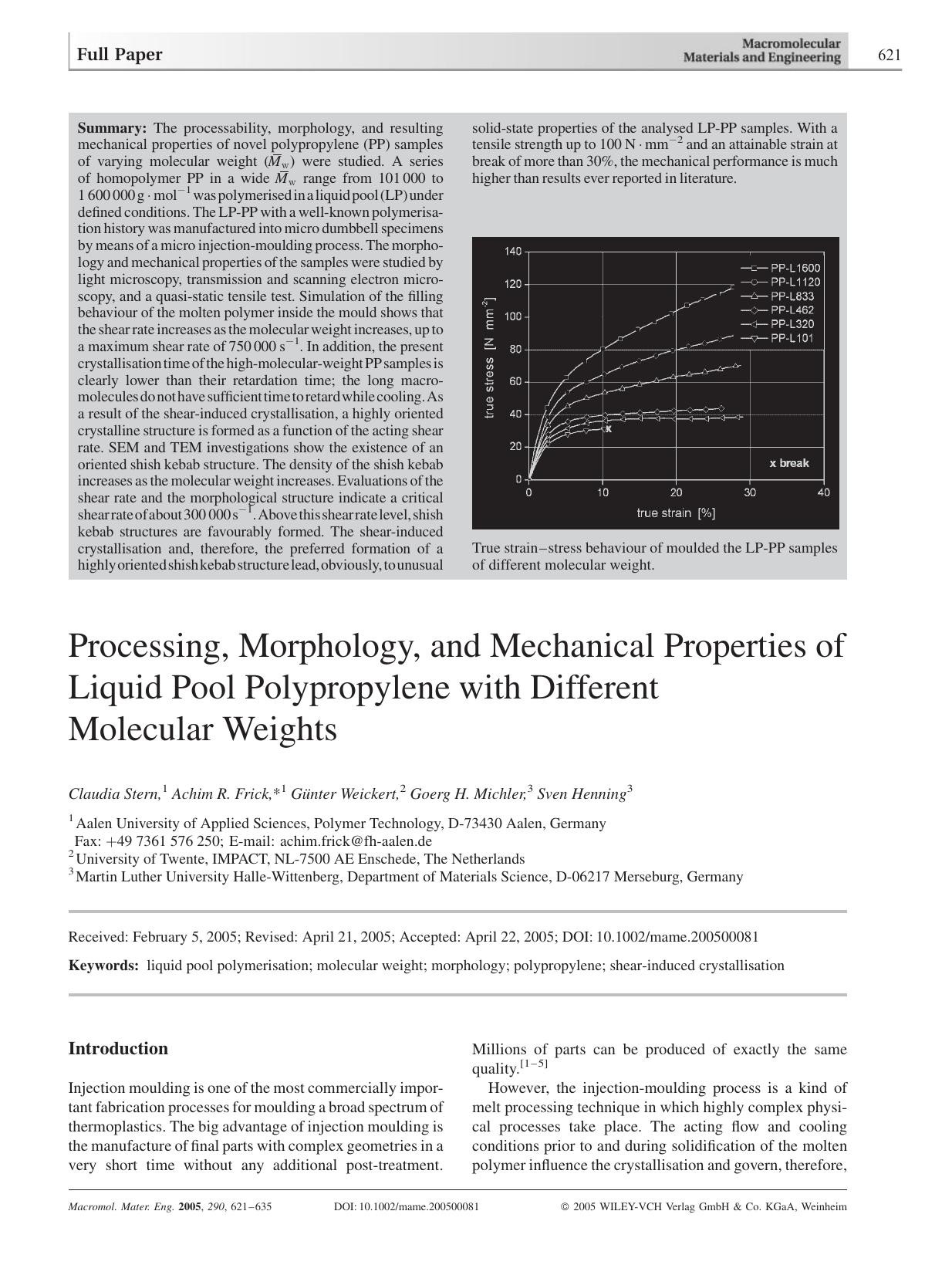 Processing, Morphology, and Mechanical Properties of Liquid Pool Polypropylene with Different Molecular Weights by Unknown