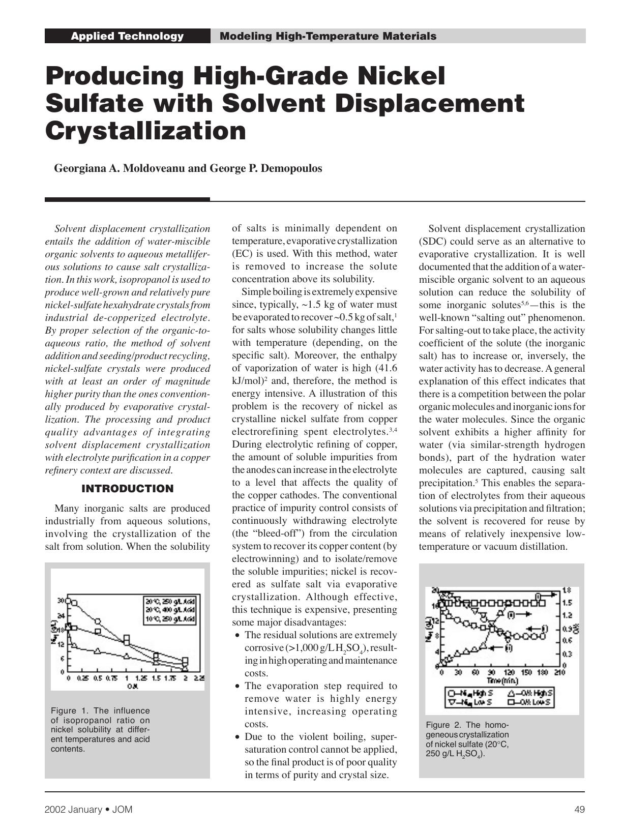 Producing high-grade nickel sulfate with solvent displacement crystallization by Unknown