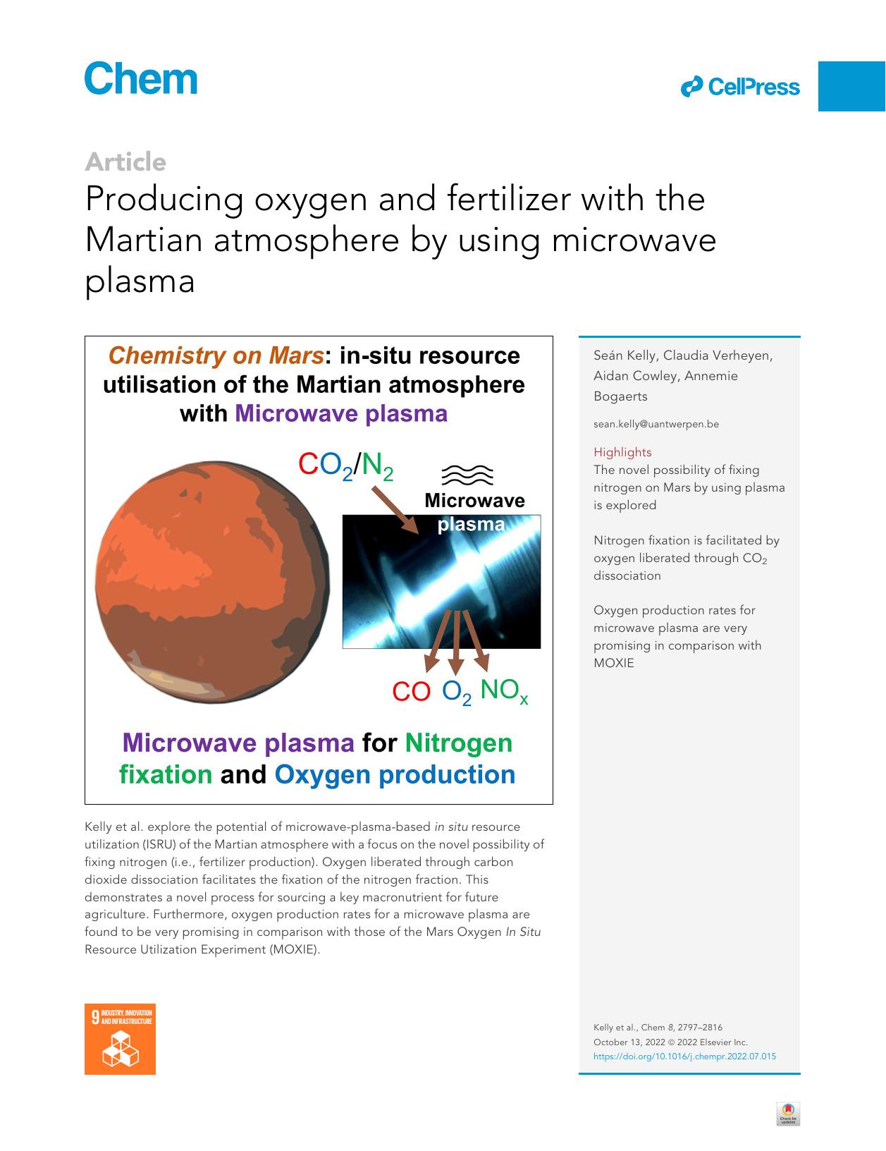 Producing oxygen and fertilizer with the Martian atmosphere by using microwave plasma by Seán Kelly & Claudia Verheyen & Aidan Cowley & Annemie Bogaerts