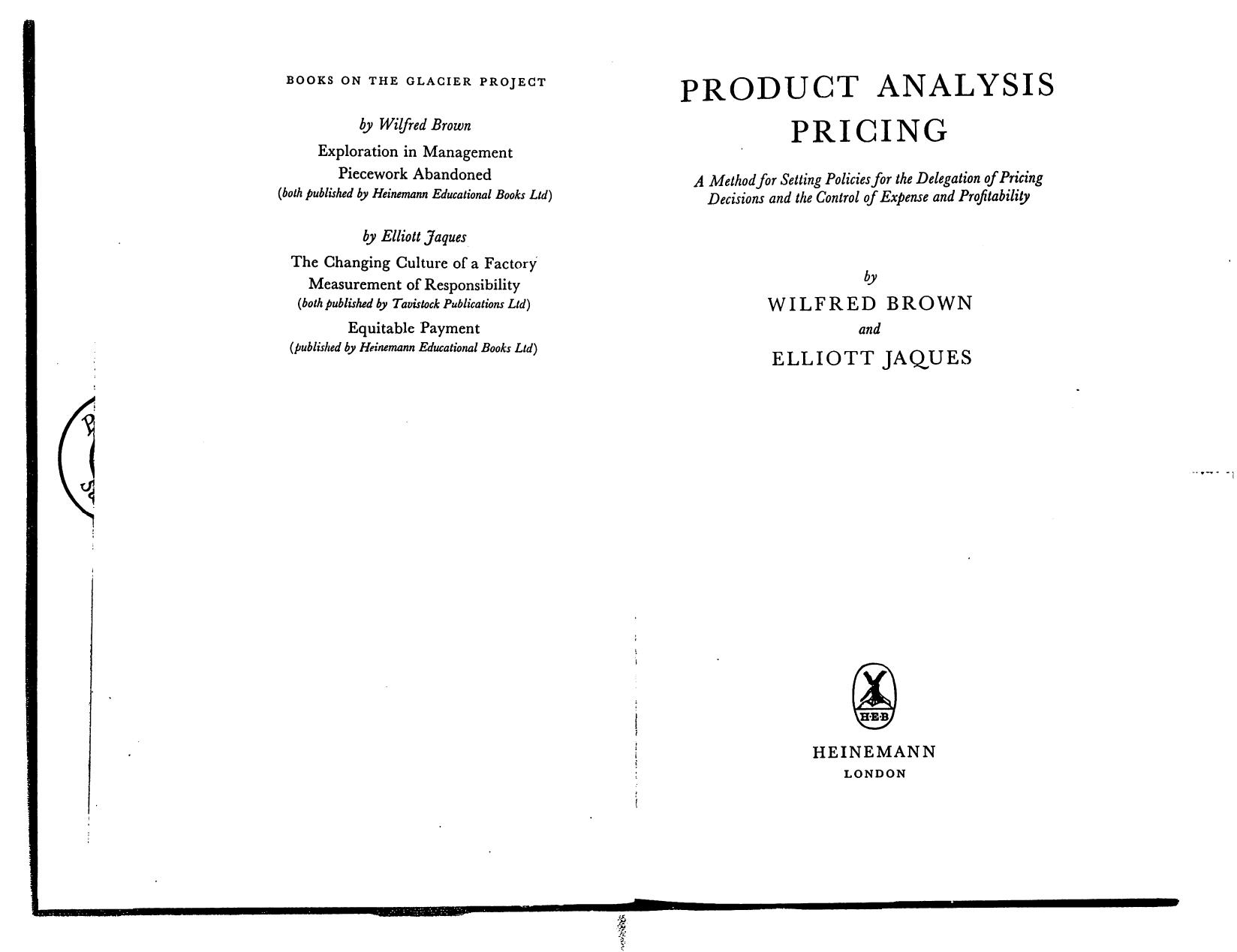 Product Analysis Pricing by Wilfred Brown; Elliott Jaques