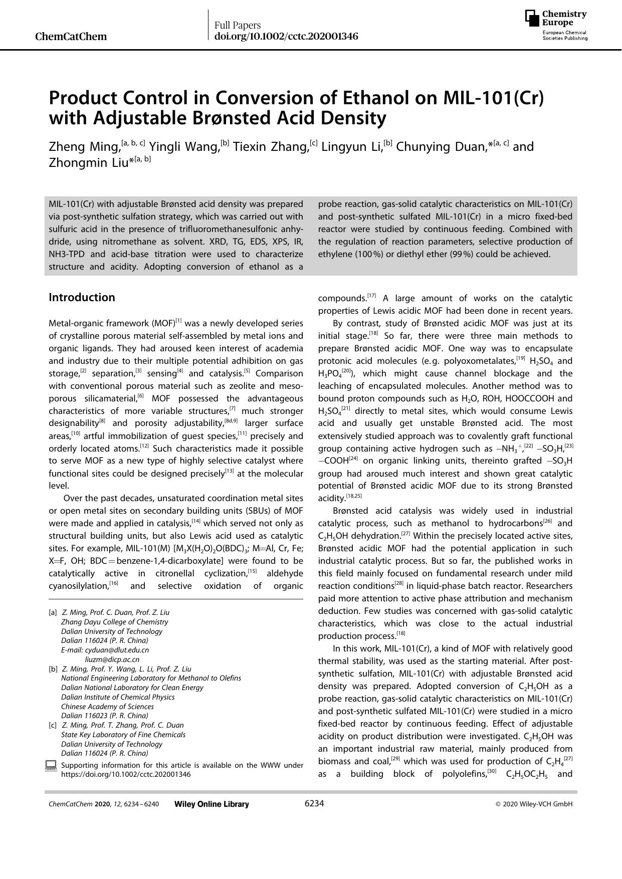 Product Control in Conversion of Ethanol on MILâ101(Cr) with Adjustable BrÃ¸nsted Acid Density by Unknown