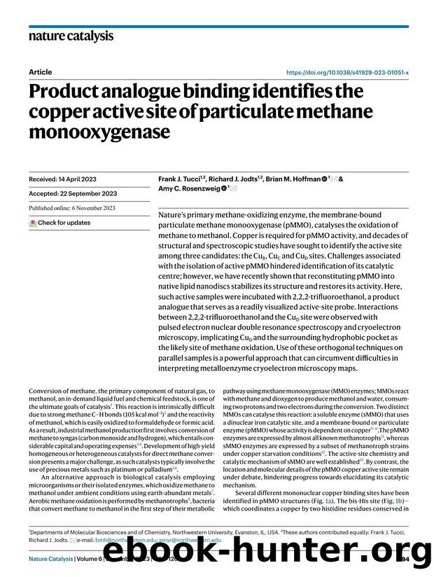 Product analogue binding identifies the copper active site of particulate methane monooxygenase by Frank J. Tucci & Richard J. Jodts & Brian M. Hoffman & Amy C. Rosenzweig
