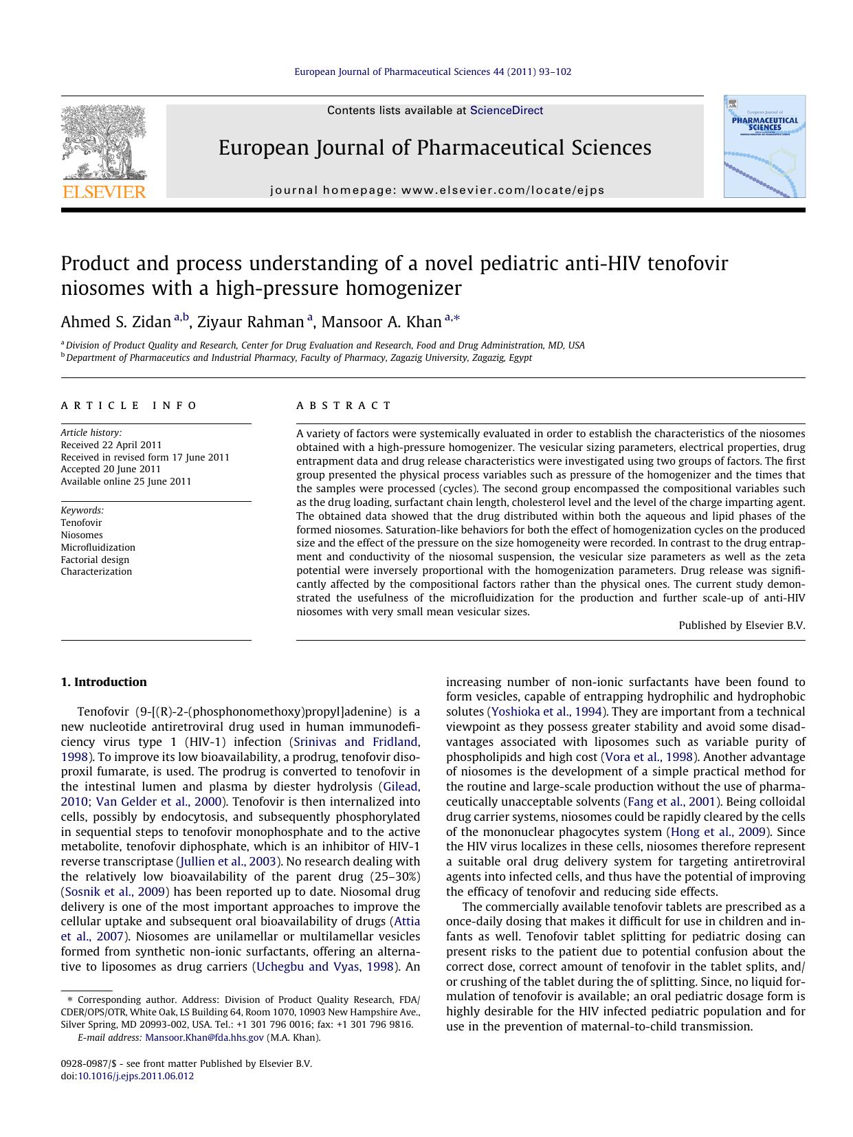 Product and process understanding of a novel pediatric anti-HIV tenofovir niosomes with a high-pressure homogenizer by Ahmed S. Zidan & Ziyaur Rahman & Mansoor A. Khan