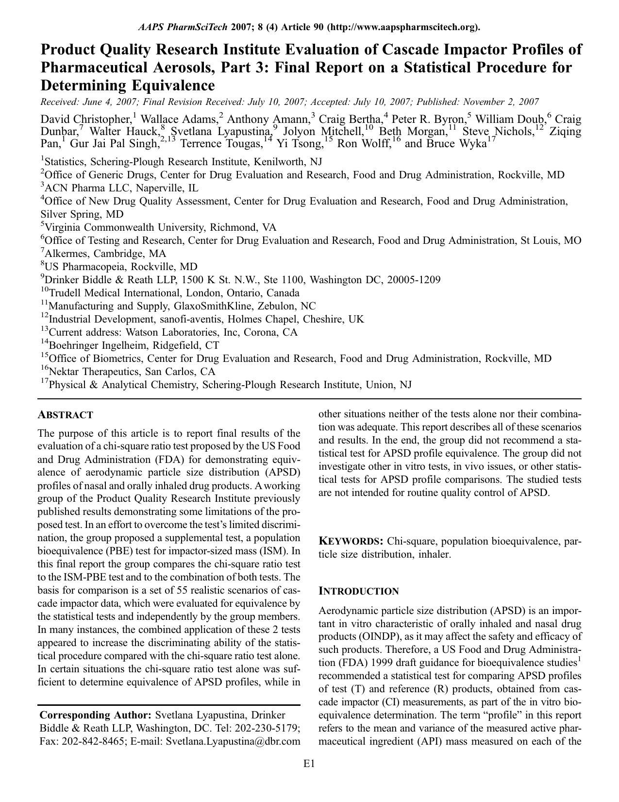 Product quality research institute evaluation of cascade impactor profiles of pharmaceutical aerosols, part 3: Final report on a statistical procedure for determining equivalence by Unknown