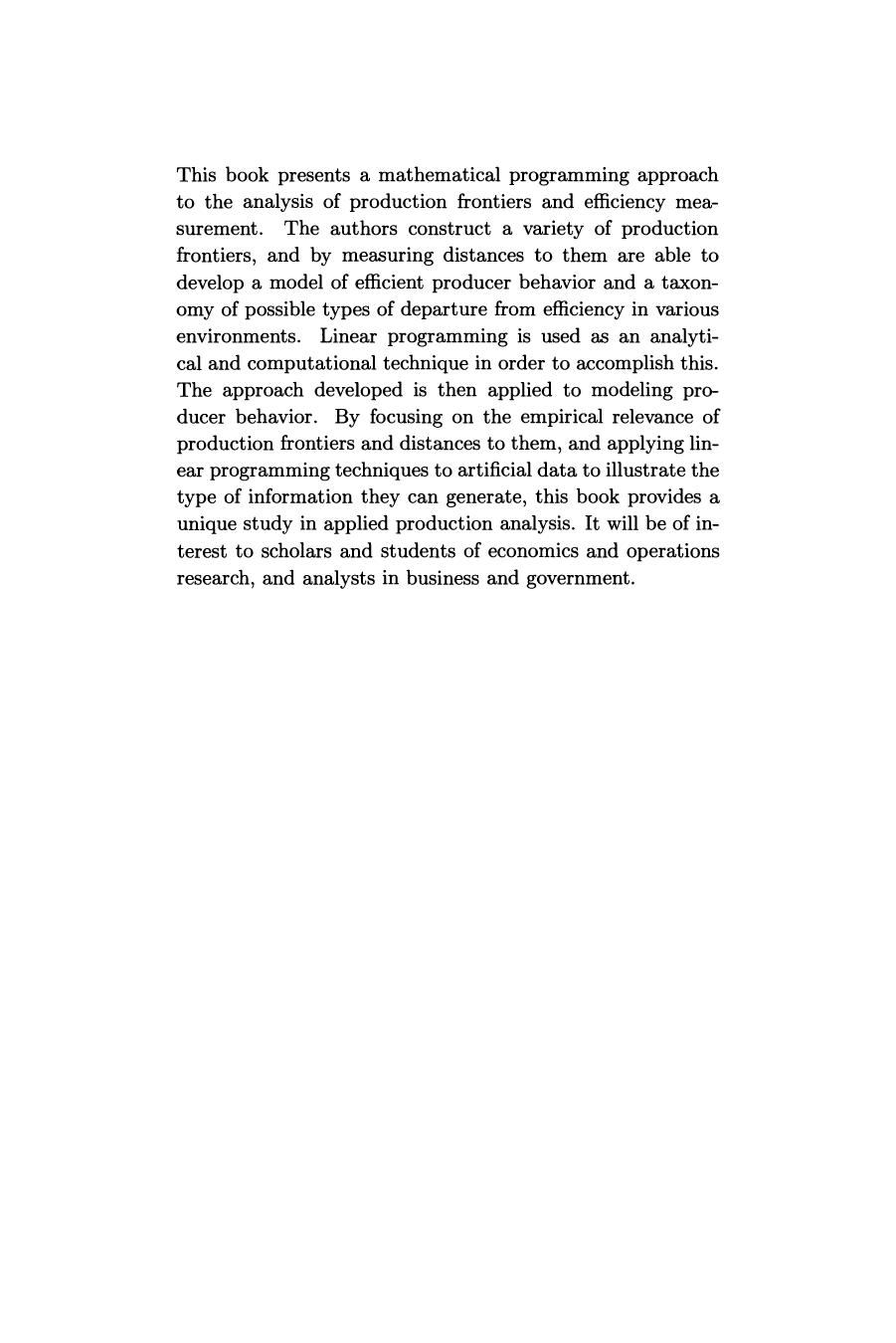 Production Frontiers by Rolf Fare Shawna Grosskopf C. A. Knox Lovell