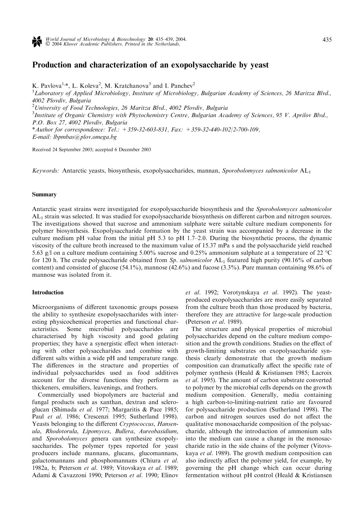 Production and Characterization of an Exopolysaccharide by Yeast by Unknown