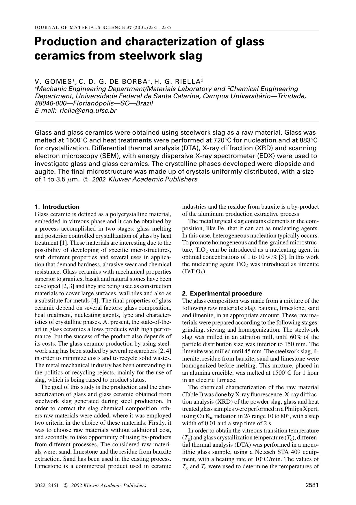 Production and characterization of glass ceramics from steelwork slag by Unknown
