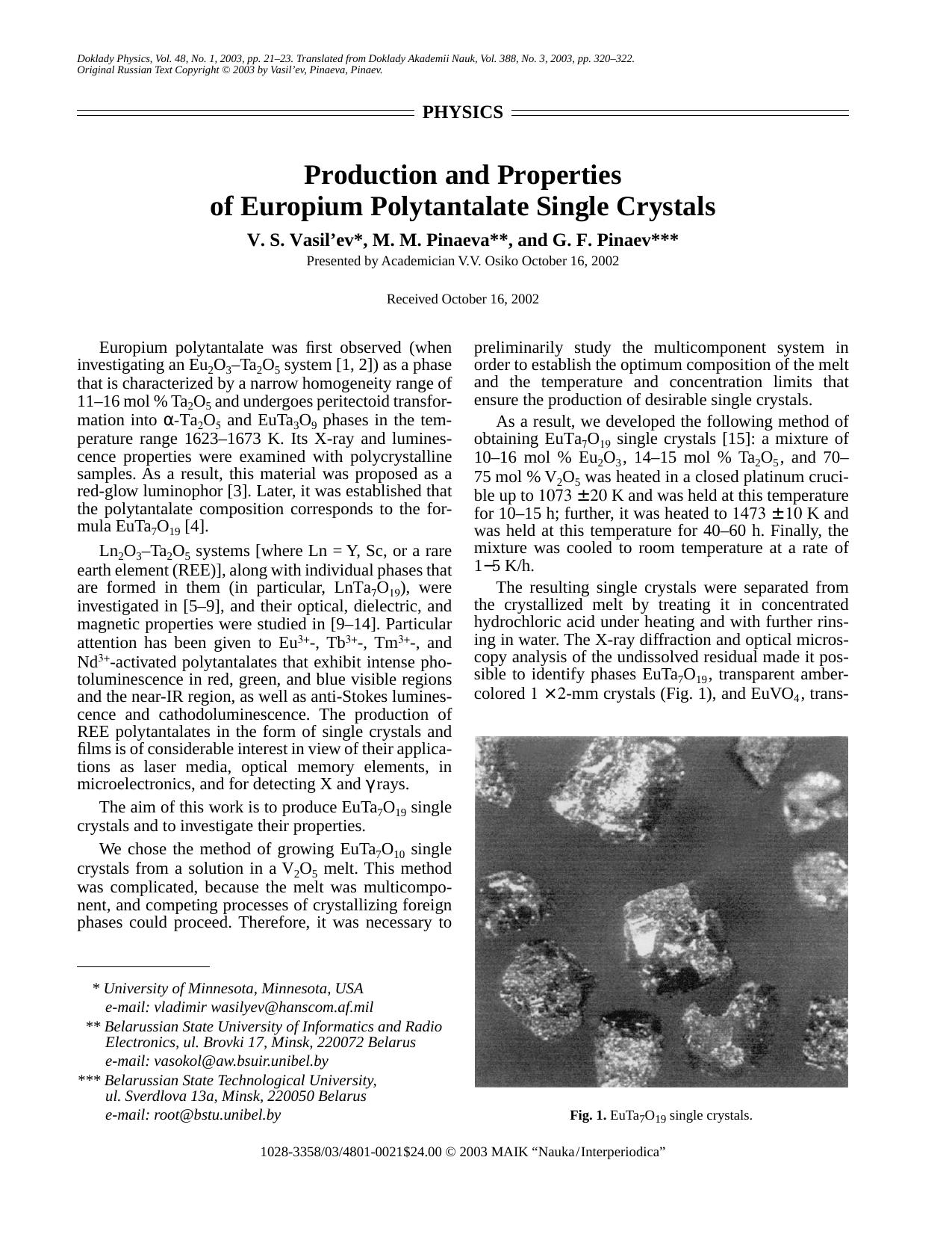Production and properties of europium polytantalate single crystals by Unknown