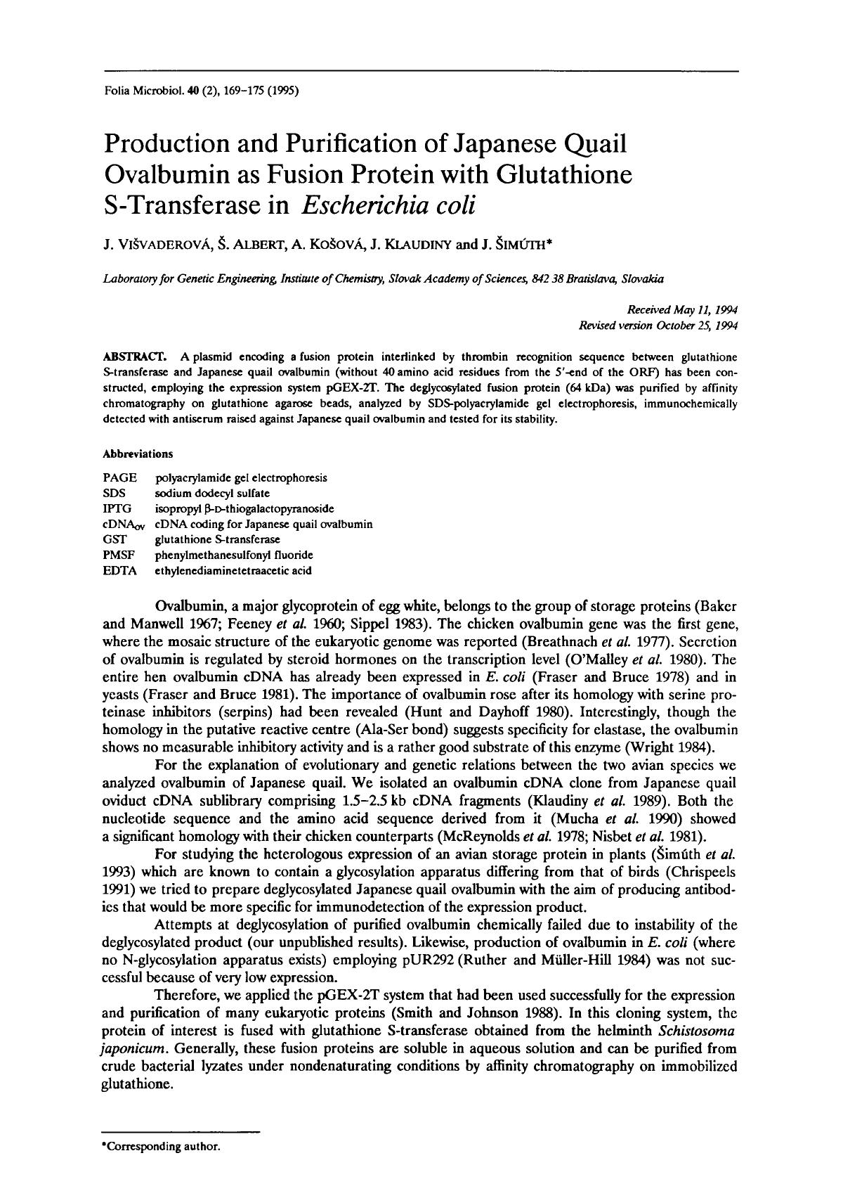 Production and purification of Japanese quail ovalbumin as fusion protein with glutathione S-transferase in <Emphasis Type="Italic">Escherichia coli <Emphasis> by Unknown