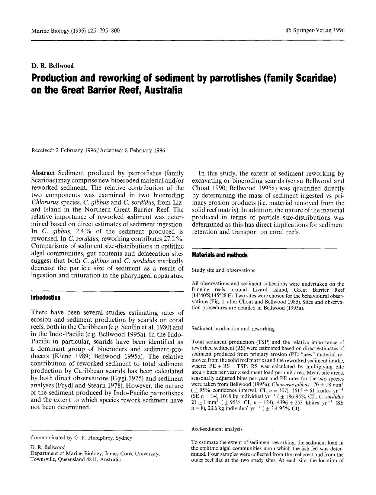 Production and reworking of sediment by parrotfishes (family Scaridae) on the Great Barrier Reef, Australia by Unknown