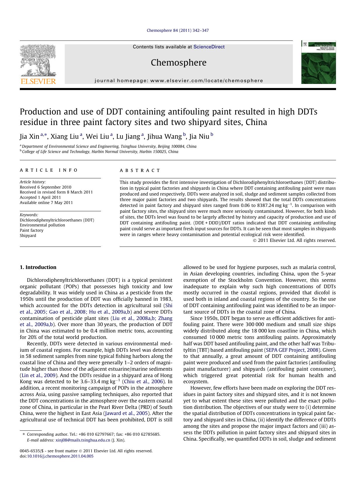 Production and use of DDT containing antifouling paint resulted in high DDTs residue in three paint factory sites and two shipyard sites, China by Jia Xin & Xiang Liu & Wei Liu & Lu Jiang & Jihua Wang & Jia Niu