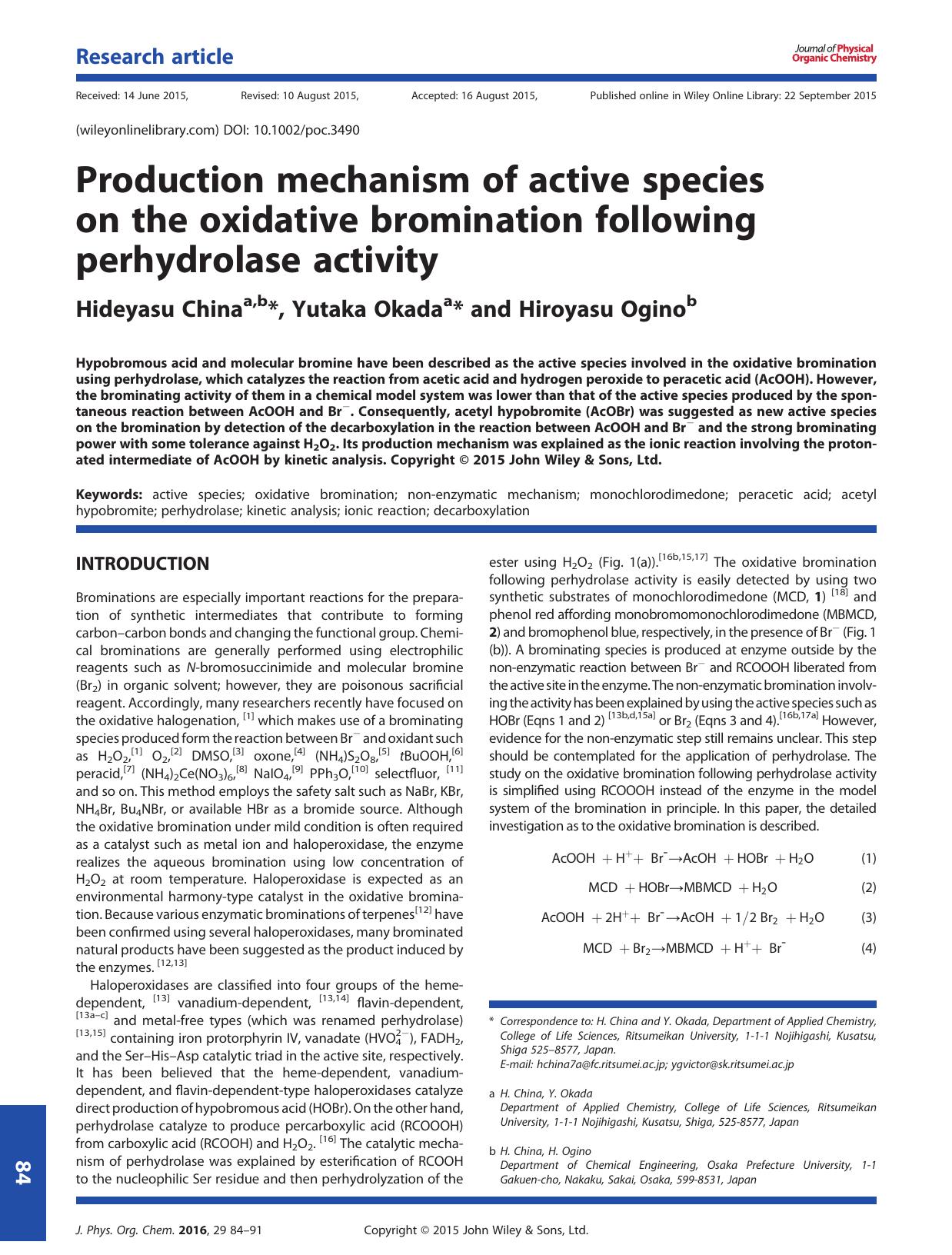 Production mechanism of active species on the oxidative bromination following perhydrolase activity by Hideyasu China Yutaka Okada Hiroyasu Ogino