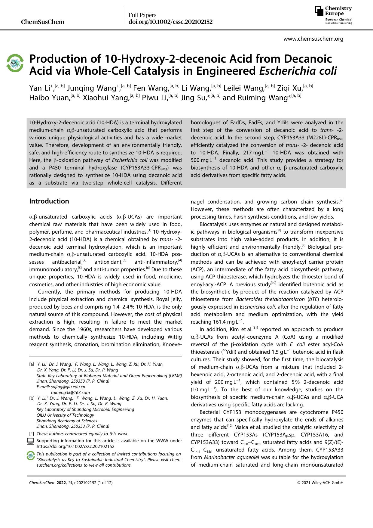 Production of 10âHydroxyâ2âdecenoic Acid from Decanoic Acid via WholeâCell Catalysis in Engineered Escherichia coli by Unknown