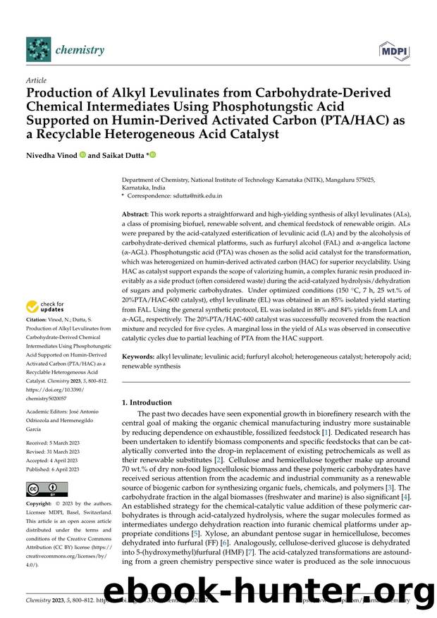 Production of Alkyl Levulinates from Carbohydrate-Derived Chemical Intermediates Using Phosphotungstic Acid Supported on Humin-Derived Activated Carbon (PTAHAC) as a Recyclable Het by Nivedha Vinod & Saikat Dutta