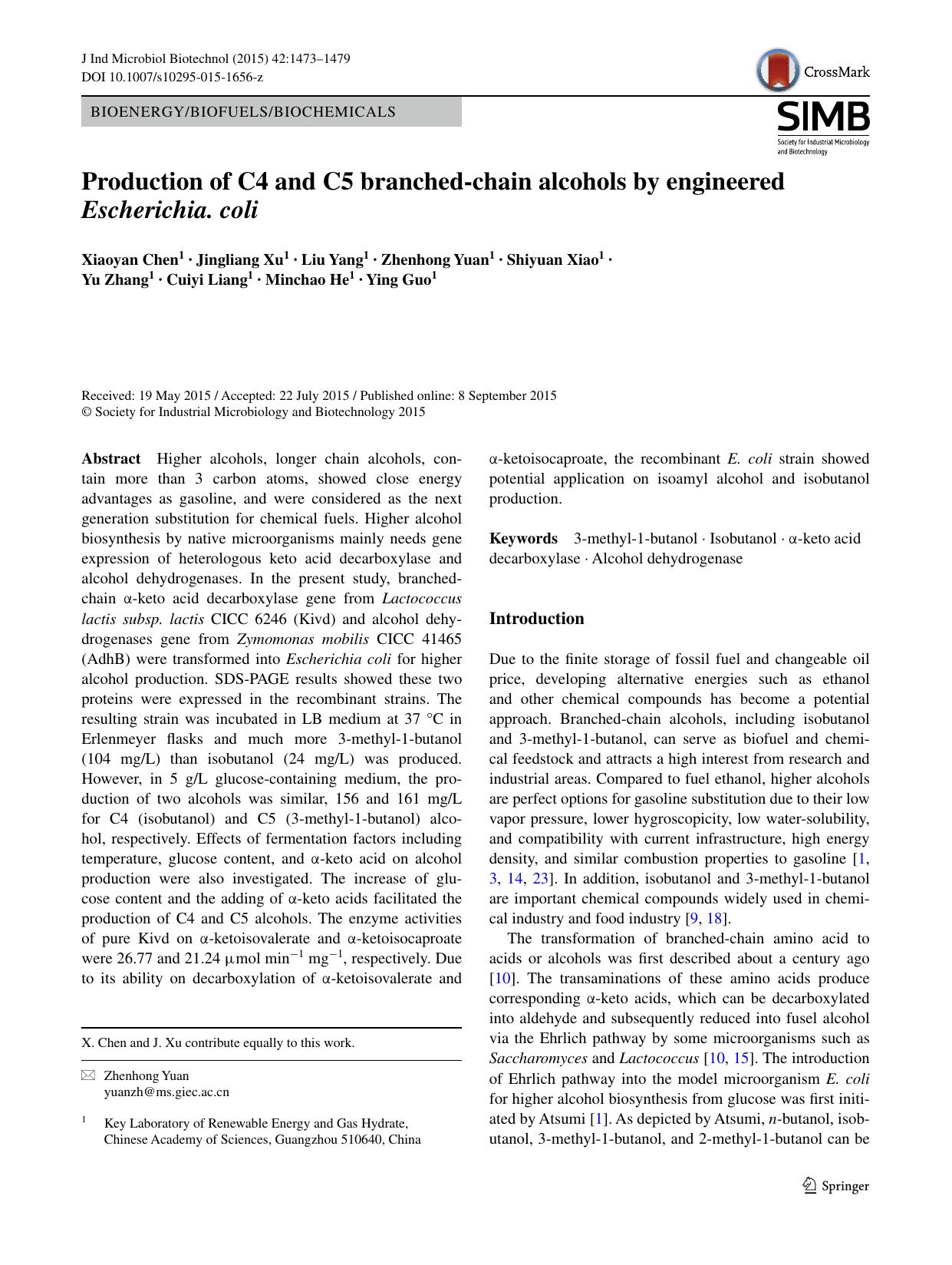 Production of C4 and C5 branched-chain alcohols by engineered Escherichia. coli by unknow