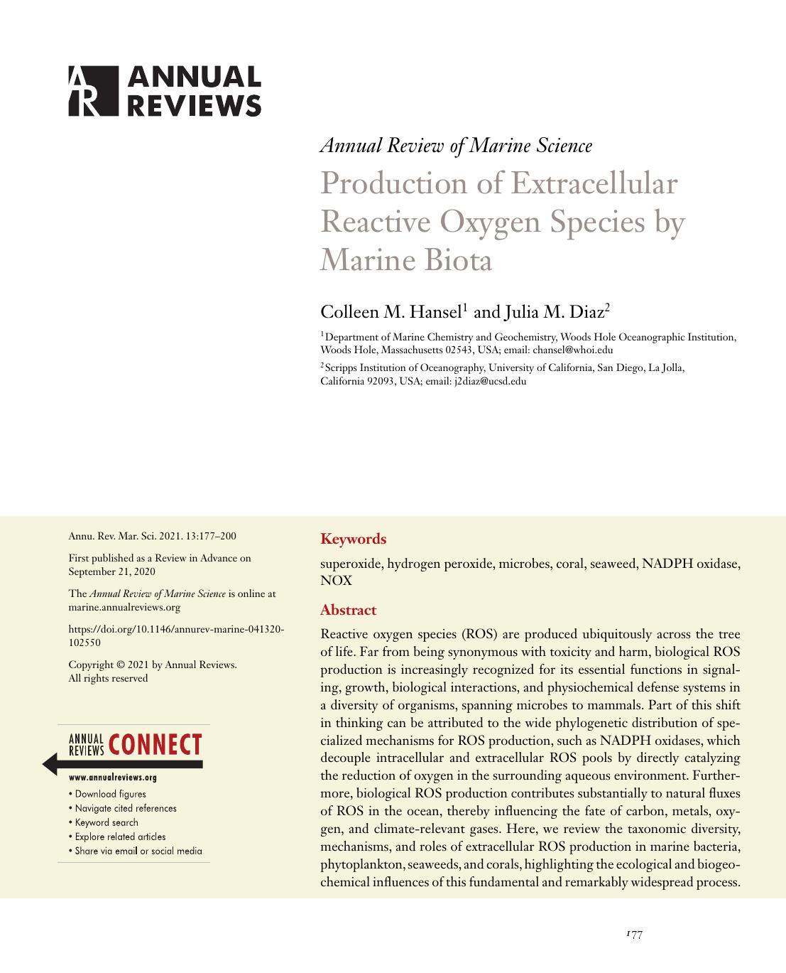 Production of Extracellular Reactive Oxygen Species by Marine Biota by Colleen M. Hansel and Julia M. Diaz