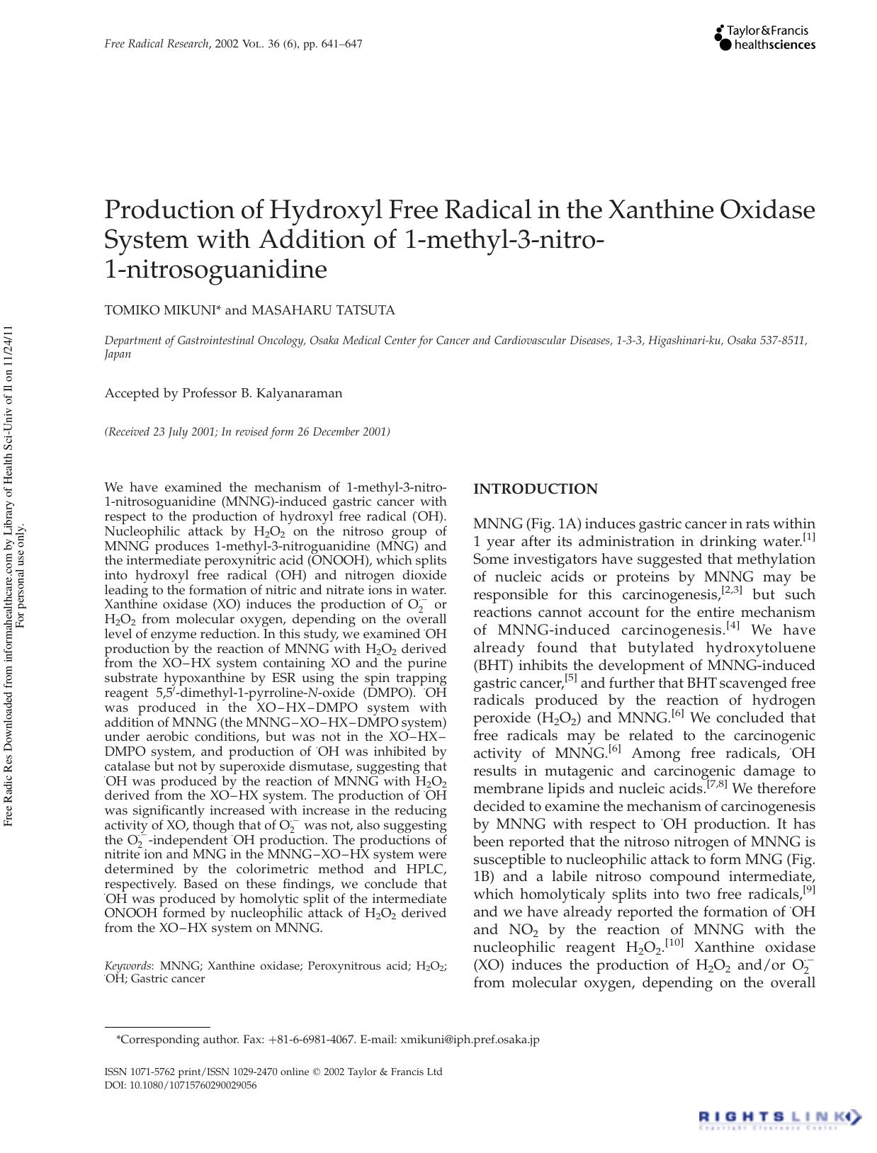 Production of Hydroxyl Free Radical in the Xanthine Oxidase System with Addition of 1-methyl-3-nitro-1-nitrosoguanidine by Tomiko Mikuni & Masaharu Tatsuta