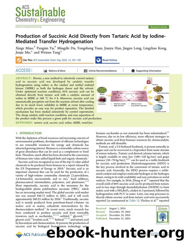 Production of Succinic Acid Directly from Tartaric Acid by Iodine-Mediated Transfer Hydrogenation by unknow