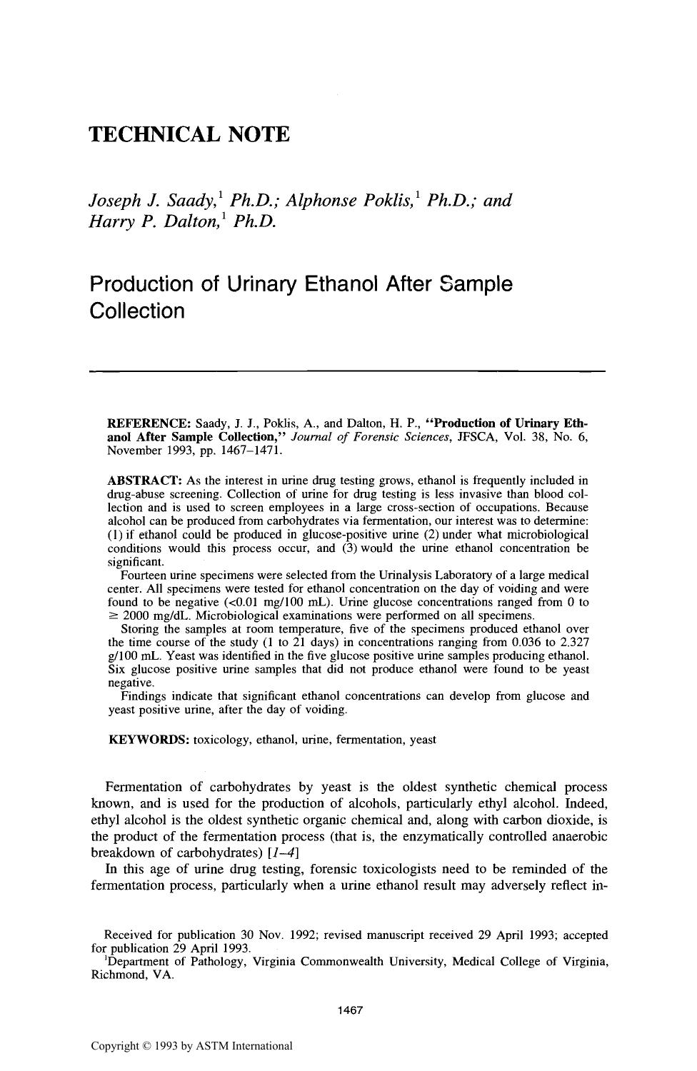 Production of Urinary Ethanol After Sample Collection by Saady JJ Poklis A Dalton HP