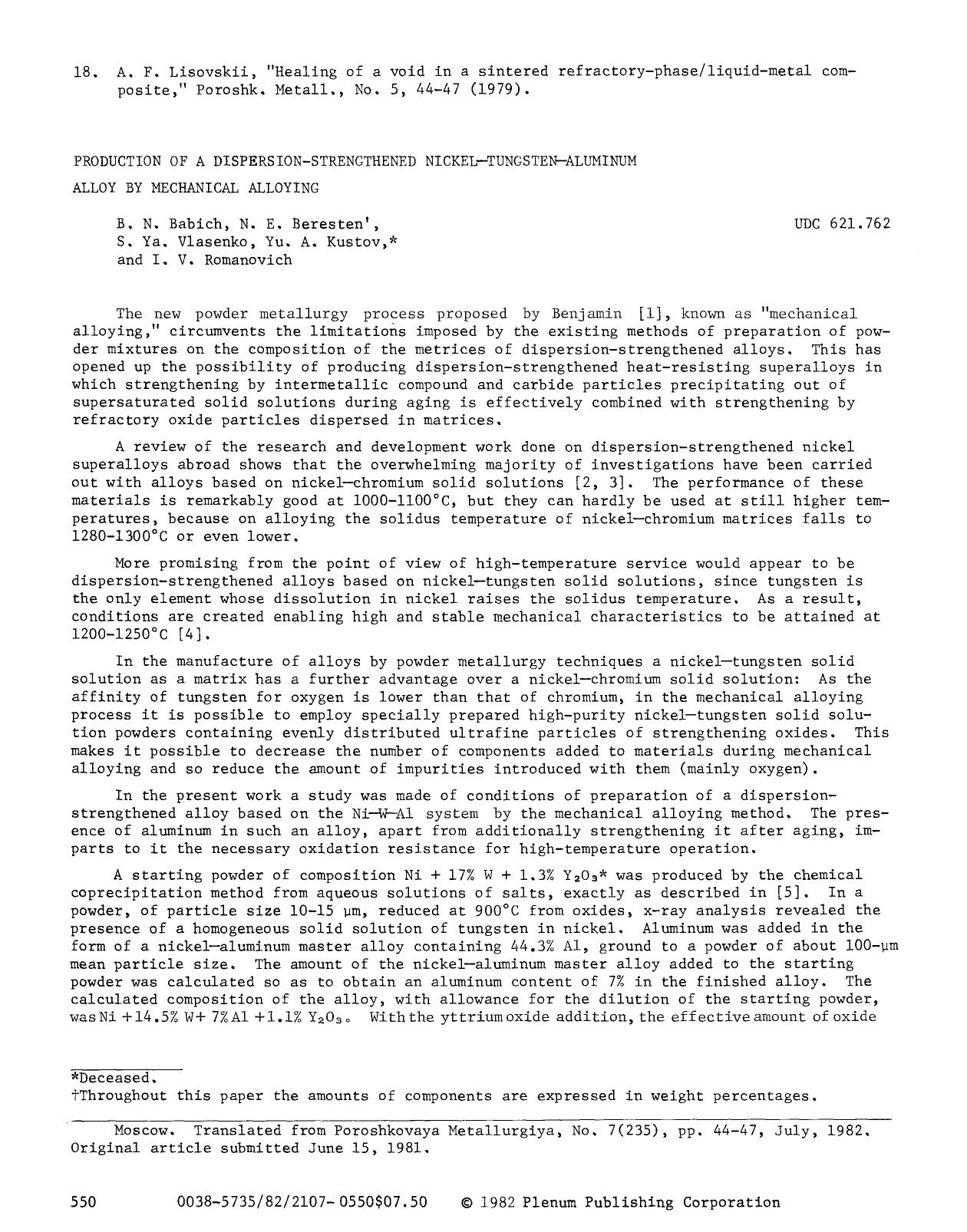 Production of a dispersion-strengthened nickel-tungsten-aluminum alloy by mechanical alloying by Unknown