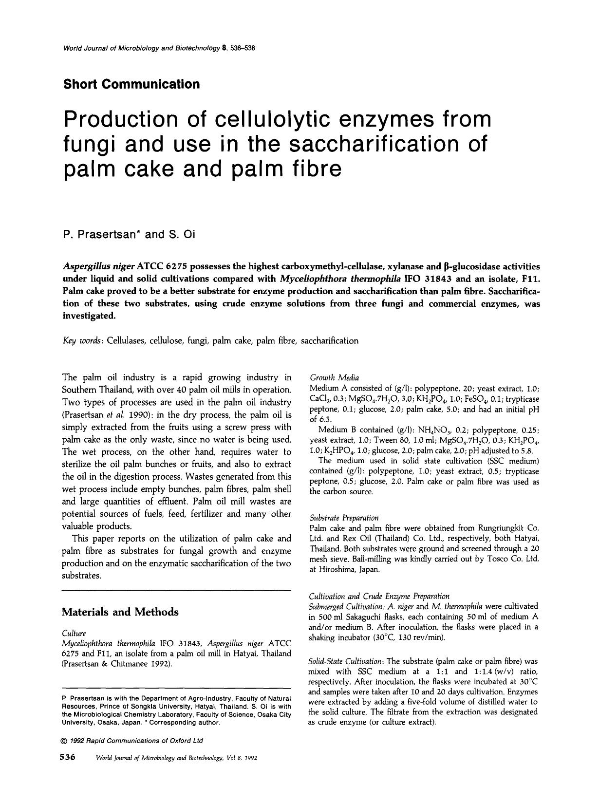 Production of cellulolytic enzymes from fungi and use in the saccharification of palm cake and palm fibre by Unknown