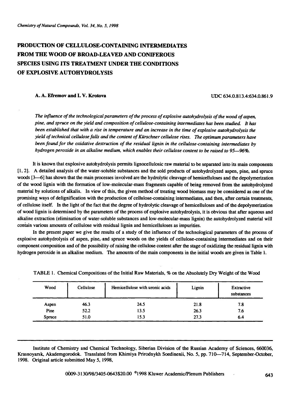 Production of cellulose-containing intermediates from the wood of broad-leaved and coniferous species using its treatment under the conditions of explosive autohydrolysis by Unknown