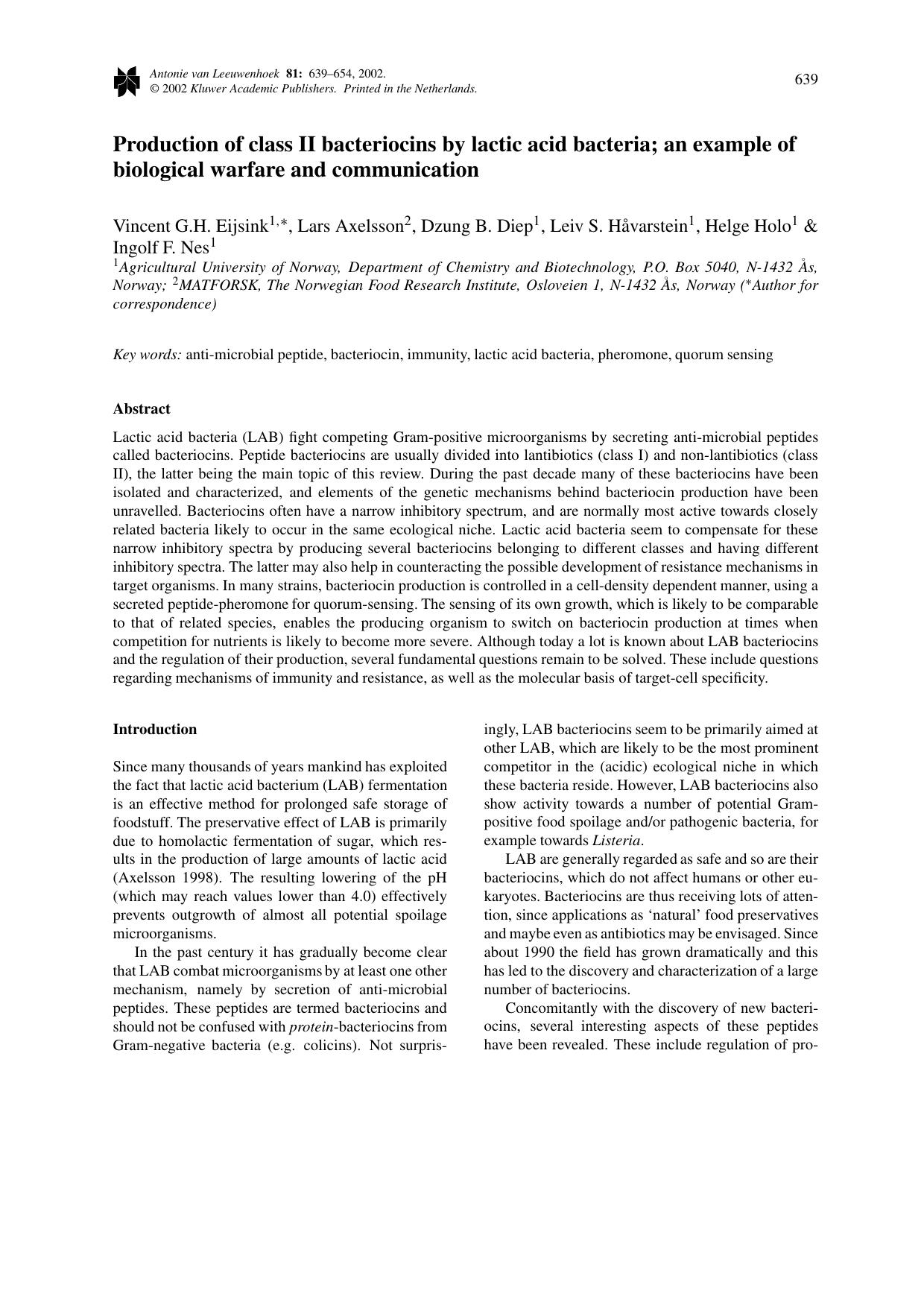 Production of class II bacteriocins by lactic acid bacteria; an example of biological warfare and communication by Unknown
