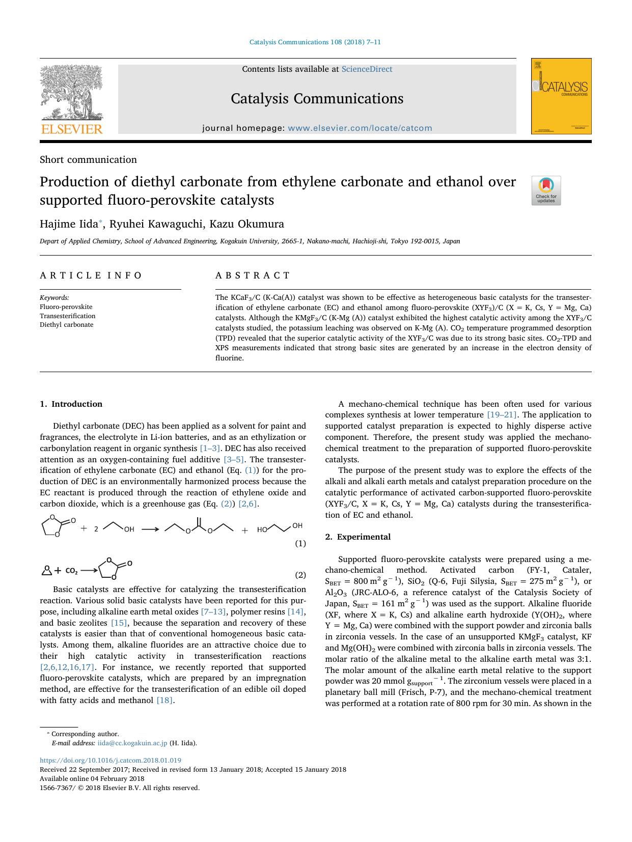Production of diethyl carbonate from ethylene carbonate and ethanol over supported fluoro-perovskite catalysts by Hajime Iida & Ryuhei Kawaguchi & Kazu Okumura