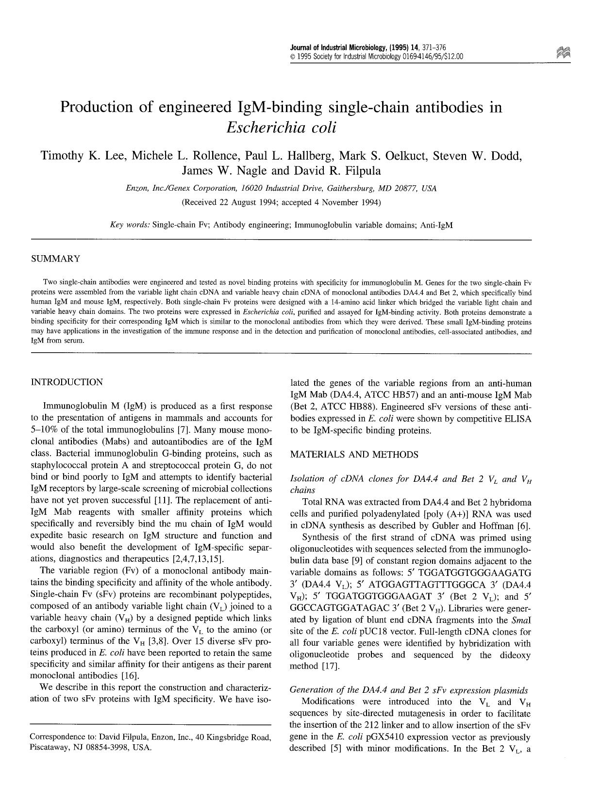 Production of engineered IgM-binding single-chain antibodies in <Emphasis Type="Italic">Escherichia coli <Emphasis> by Unknown