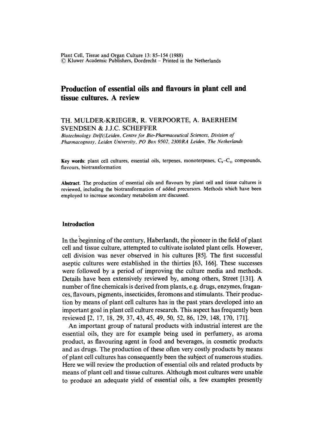 Production of essential oils and flavours in plant cell and tissue cultures. A review by Unknown