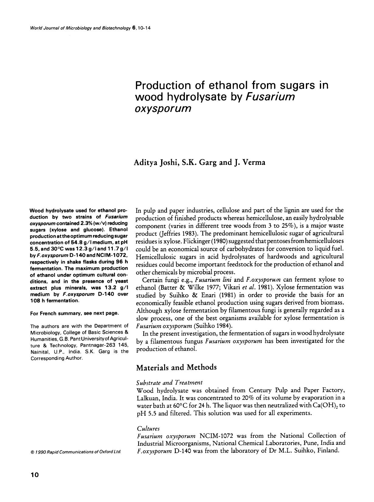 Production of ethanol from sugars in wood hydrolysate by <Emphasis Type="Italic">Fusarium oxysporum <Emphasis> by Unknown