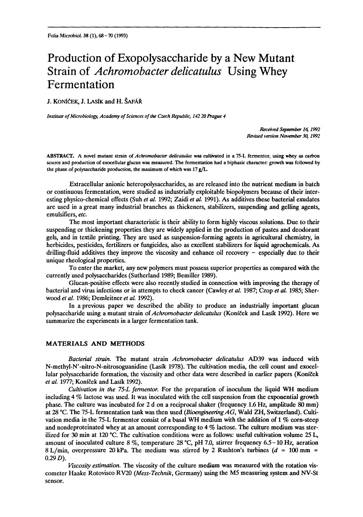 Production of exopolysaccharide by a new mutant strain of <Emphasis Type="Italic">Achromobacter delicatulus <Emphasis> using whey fermentation by Unknown