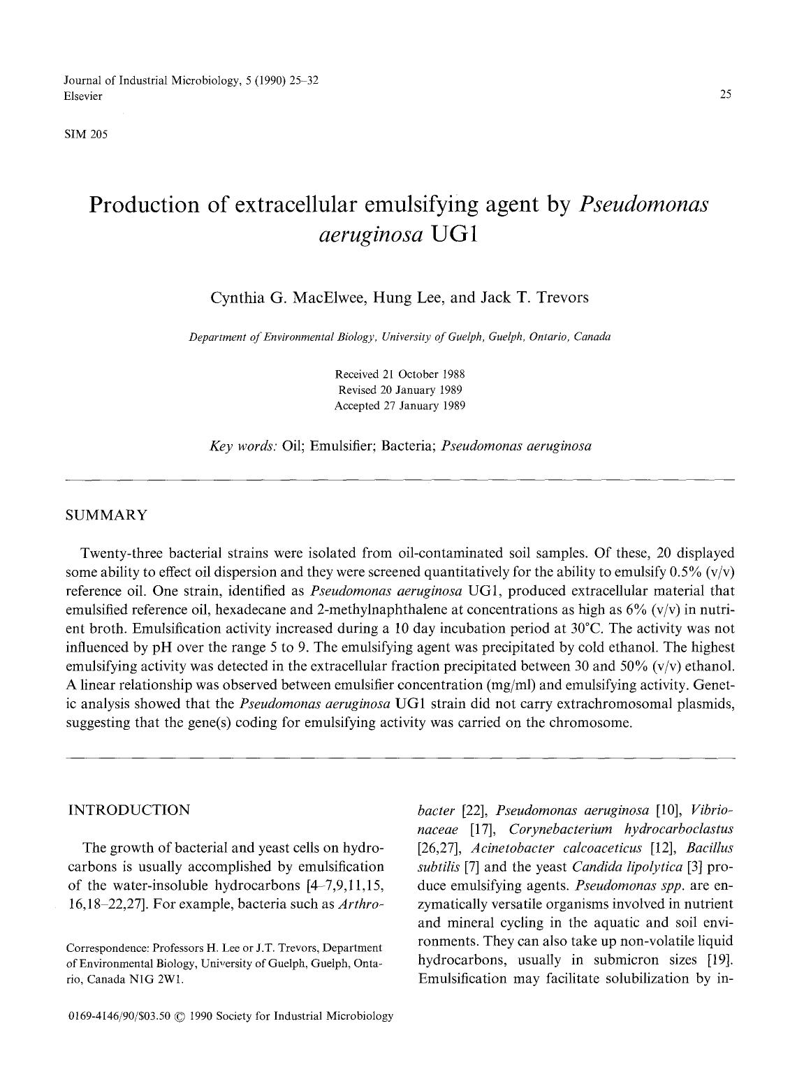 Production of extracellular emulsifying agent by <Emphasis Type="Italic">Pseudomonas aeruginosa <Emphasis> UG1 by Unknown