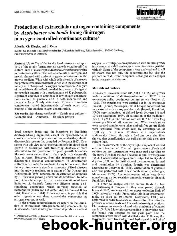 Production of extracellular nitrogen-containing components by <Emphasis Type="Italic">Azotobacter vinelandii<Emphasis> fixing dinitrogen in oxygen-controlled continuous culture by Unknown