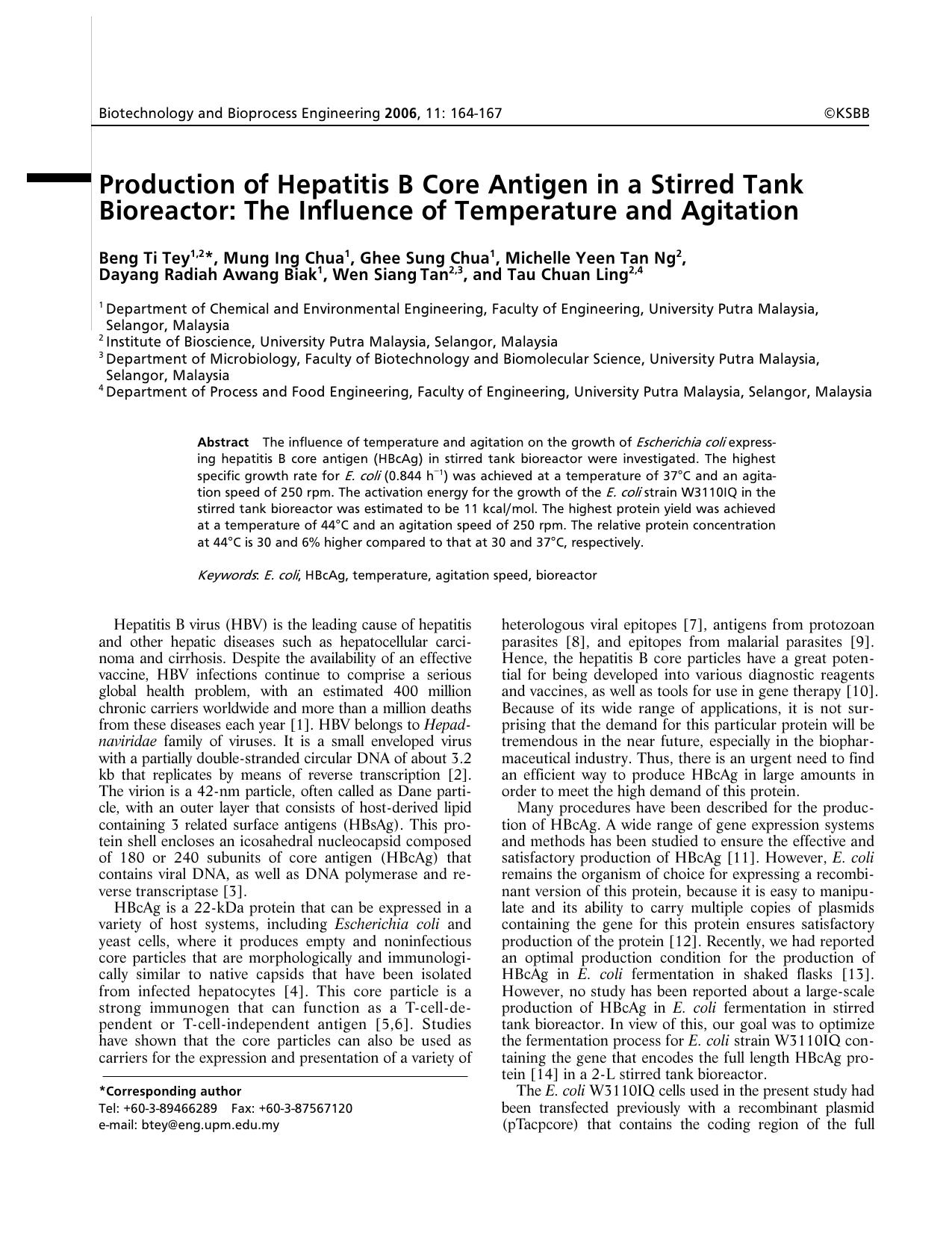 Production of hepatitis B core antigen in a stirred tank bioreactor: The influence of temperature and agitation by Unknown