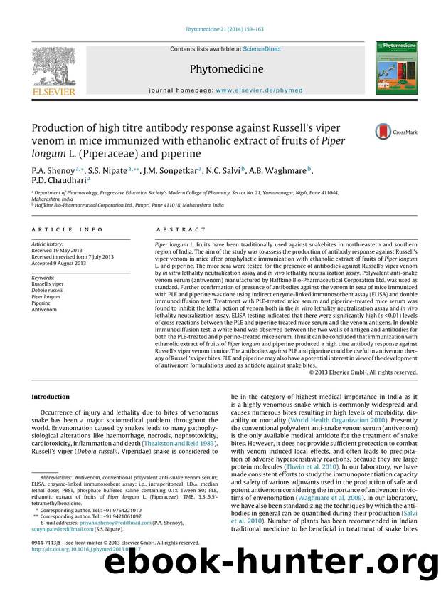 Production of high titre antibody response against Russell's viper venom in mice immunized with ethanolic extract of fruits of Piper longum L. (Piperaceae) and piperine by P.A. Shenoy & S.S. Nipate & J.M. Sonpetkar & N.C. Salvi & A.B. Waghmare & P.D. Chaudhari