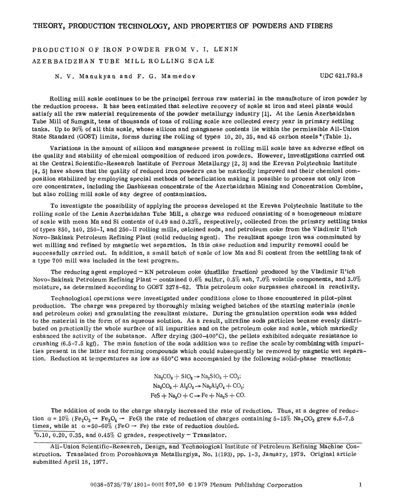 Production of iron powder from V. I. Lenin Azerbaidzhan tube mill rolling scale by Unknown