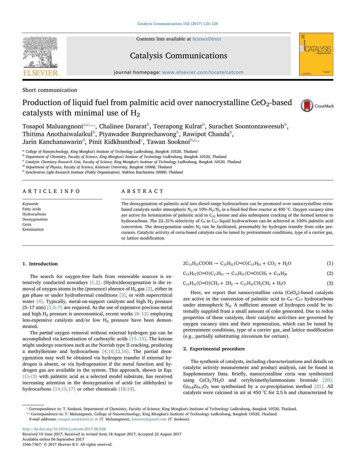 Production of liquid fuel from palmitic acid over nanocrystalline CeO2-based catalysts with minimal use of H2 by unknow