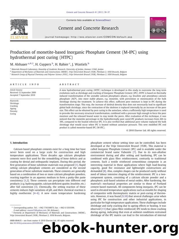 Production of monetite-based Inorganic Phosphate Cement (M-IPC) using hydrothermal post curing (HTPC) by M. Alshaaer & H. Cuypers & H. Rahier & J. Wastiels