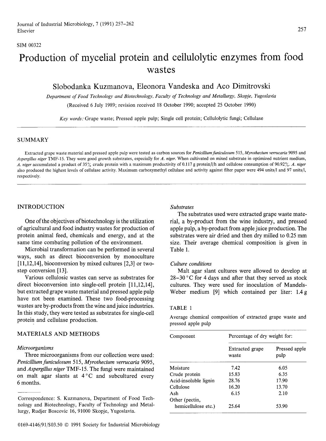 Production of mycelial protein and cellulolytic enzymes from food wastes by Unknown