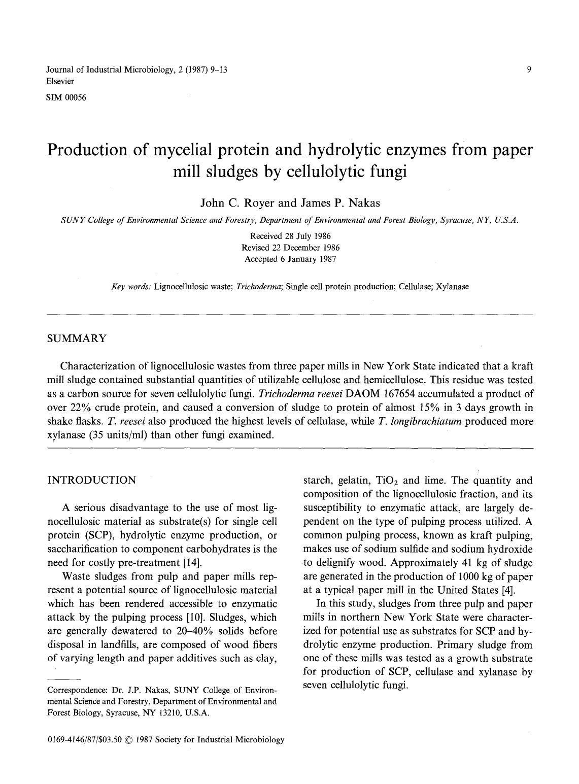 Production of mycelial protein and hydrolytic enzymes from paper mill sludges by cellulolytic fungi by Unknown