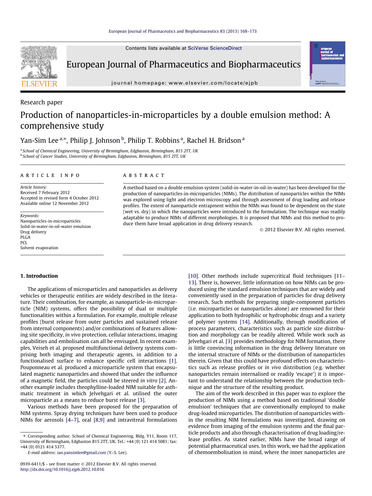 Production of nanoparticles-in-microparticles by a double emulsion method: A comprehensive study by Yan-Sim Lee & Philip J. Johnson & Philip T. Robbins & Rachel H. Bridson