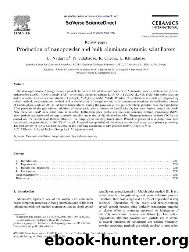 Production of nanopowder and bulk aluminate ceramic scintillators by L. Nadaraia & N. Jalabadze & R. Chedia & L. Khundadze