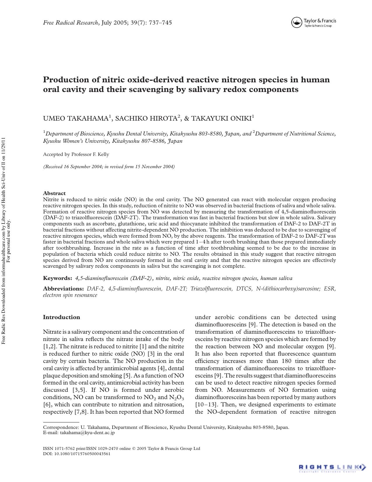 Production of nitric oxide-derived reactive nitrogen species in human oral cavity and their scavenging by salivary redox components by Umeo Takahama 1 Sachiko Hirota 2 & Takayuki Oniki 1