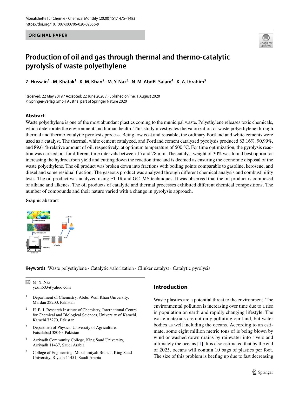Production of oil and gas through thermal and thermo-catalytic pyrolysis of waste polyethylene by Z. Hussain & M. Khatak & K. M. Khan & M. Y. Naz & N. M. AbdEl-Salam & K. A. Ibrahim