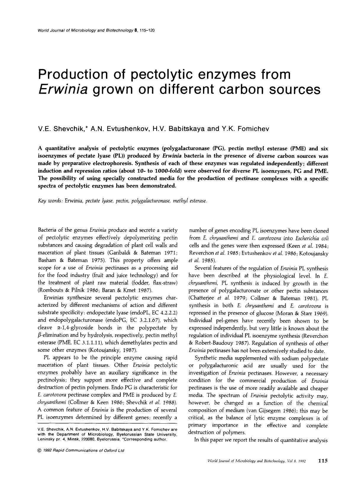 Production of pectolytic enzymes from <Emphasis Type="Italic">Erwinia <Emphasis> grown on different carbon sources by Unknown