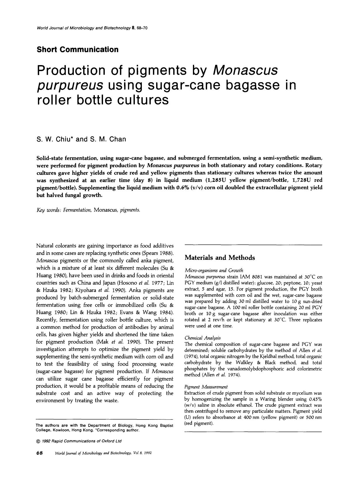 Production of pigments by <Emphasis Type="Italic">Monascus purpureus <Emphasis> using sugar-cane bagasse in roller bottle cultures by Unknown