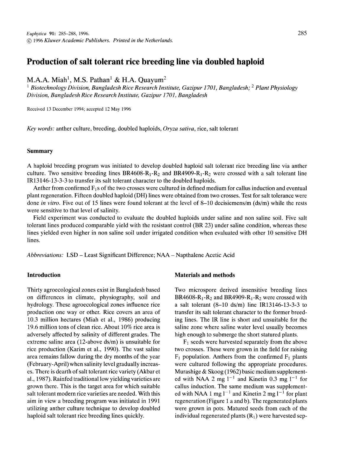 Production of salt tolerant rice breeding line via doubled haploid by Unknown